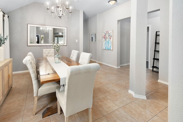 17206 Kobuk Valley Cir, Humble, TX 77346 - dining area with a chandelier, light tile patterned floors, vaulted ceiling, and baseboards
