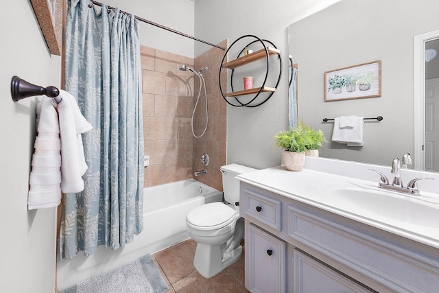 17206 Kobuk Valley Cir, Humble, TX 77346 - full bathroom featuring tile patterned floors, shower / bathtub combination with curtain, vanity, and toilet