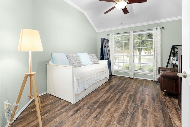 17206 Kobuk Valley Cir, Humble, TX 77346 - bedroom featuring lofted ceiling, ornamental molding, wood finished floors, ceiling fan, and baseboards
