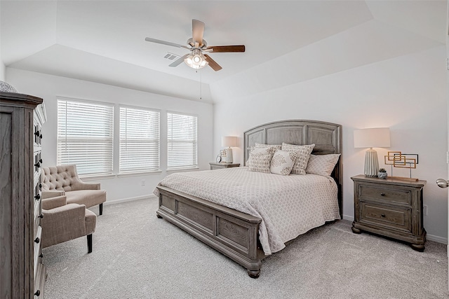 26414 Cooperstown Way, Splendora, TX 77372 - bedroom with light carpet, baseboards, vaulted ceiling, and ceiling fan