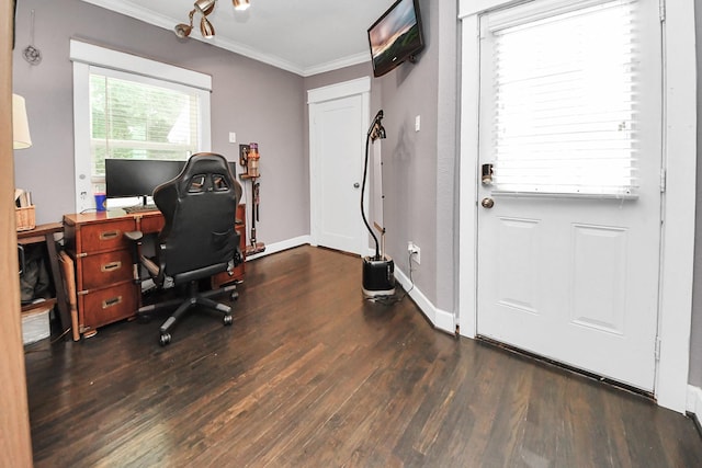 1038 Lawrence St, Houston, TX 77008 - office area featuring ornamental molding and dark wood-style flooring