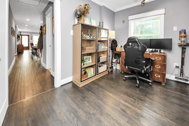 1038 Lawrence St, Houston, TX 77008 - home office with attic access, wood finished floors, crown molding, and recessed lighting