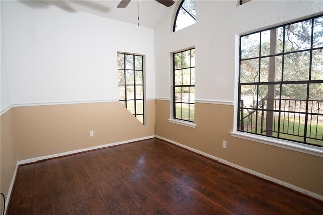 16800 Sugar Pine Dr Unit F44, Houston, TX 77090 - unfurnished room with a ceiling fan, baseboards, hardwood / wood-style floors, and high vaulted ceiling