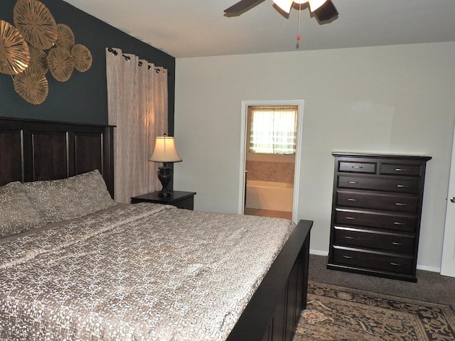 2705 Osprey Ln, Pearland, TX 77581 - bedroom featuring ensuite bath, dark colored carpet, and ceiling fan