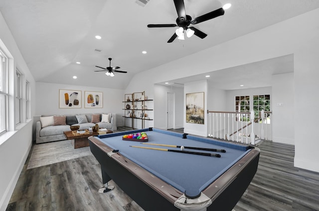 1826 Cheyenne River Cir, Sugar Land, TX 77478 - playroom featuring ceiling fan, recessed lighting, dark wood-type flooring, baseboards, and vaulted ceiling