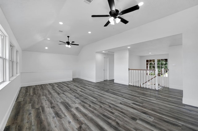 1826 Cheyenne River Cir, Sugar Land, TX 77478 - unfurnished living room with ceiling fan, dark wood-type flooring, attic access, recessed lighting, and lofted ceiling