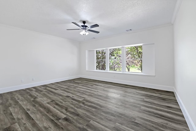 1826 Cheyenne River Cir, Sugar Land, TX 77478 - empty room featuring crown molding, dark wood-style flooring, baseboards, ceiling fan, and a textured ceiling