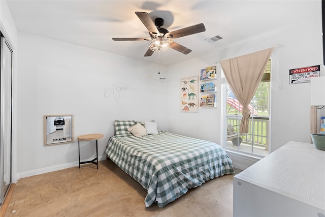 10711 Indian Trails Dr, Tomball, TX 77375 - bedroom with baseboards, ceiling fan, a closet, and access to exterior
