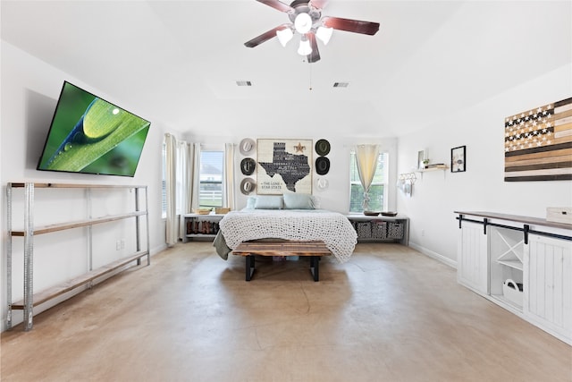 10711 Indian Trails Dr, Tomball, TX 77375 - bedroom featuring finished concrete floors, ceiling fan, and baseboards