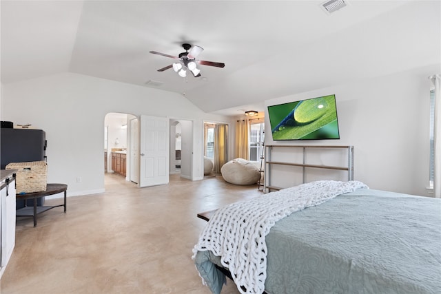 10711 Indian Trails Dr, Tomball, TX 77375 - bedroom with vaulted ceiling, baseboards, arched walkways, ensuite bath, and ceiling fan