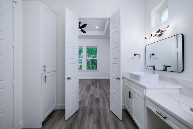 68 Fairway Dr, Trinity, TX 75862 - bathroom with a raised ceiling, wood finished floors, vanity, baseboards, and recessed lighting