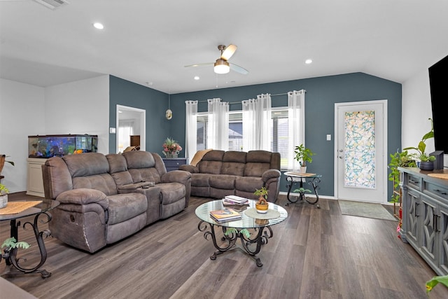 315 Coral Drift Ct, Crosby, TX 77532 - living area featuring dark wood finished floors, a ceiling fan, recessed lighting, baseboards, and lofted ceiling