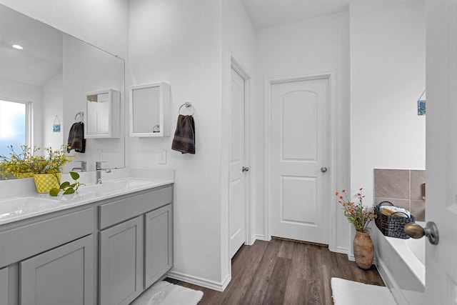 315 Coral Drift Ct, Crosby, TX 77532 - bathroom featuring wood finished floors, double vanity, a garden tub, and baseboards