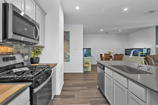315 Coral Drift Ct, Crosby, TX 77532 - kitchen featuring stainless steel appliances, a sink, dark wood-style flooring, recessed lighting, and baseboards
