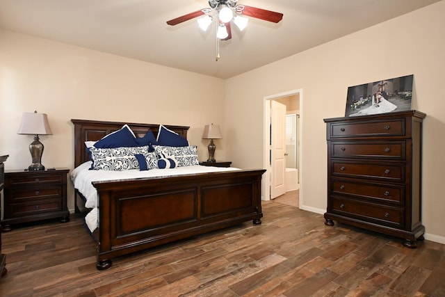 26414 Longview Creek Dr, Katy, TX 77494 - bedroom with dark wood finished floors, baseboards, a ceiling fan, and ensuite bathroom