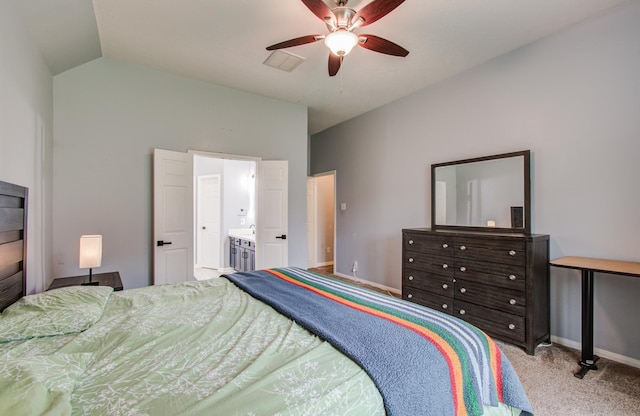 3203 Blaesser Dr, Pearland, TX 77584 - carpeted bedroom featuring lofted ceiling, baseboards, ensuite bathroom, and ceiling fan