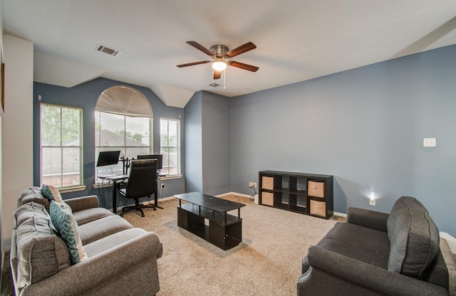 3203 Blaesser Dr, Pearland, TX 77584 - carpeted living area featuring an office area, a ceiling fan, lofted ceiling, and baseboards