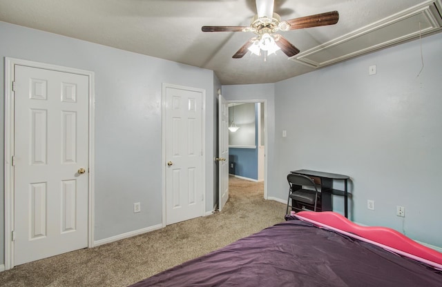 3203 Blaesser Dr, Pearland, TX 77584 - carpeted bedroom featuring attic access, baseboards, and ceiling fan