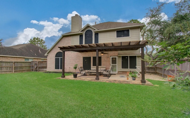 3203 Blaesser Dr, Pearland, TX 77584 - rear view of property featuring a pergola, an outdoor hangout area, a chimney, brick siding, and a patio