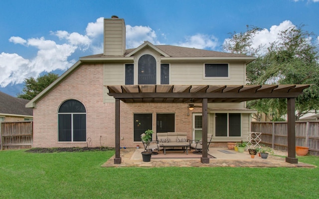 3203 Blaesser Dr, Pearland, TX 77584 - back of property with an outdoor hangout area, a pergola, brick siding, and a chimney