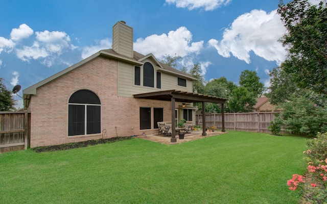 3203 Blaesser Dr, Pearland, TX 77584 - back of house featuring brick siding, a patio, a chimney, and a ceiling fan
