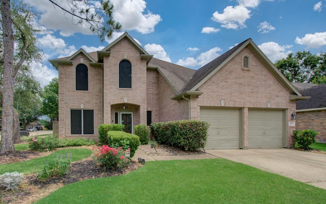 3203 Blaesser Dr, Pearland, TX 77584 - traditional-style home featuring brick siding, an attached garage, concrete driveway, a front yard, and roof with shingles