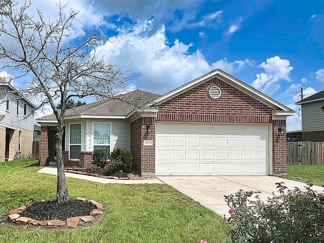 29375 Alba Rose Dr, Spring, TX 77386 - ranch-style house with brick siding, concrete driveway, an attached garage, and roof with shingles