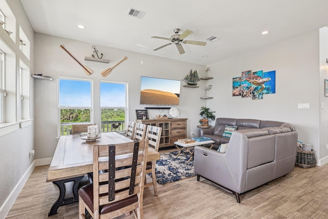 22212 Cantina Dr, Galveston, TX 77554 - living room featuring light wood-style floors, a ceiling fan, and recessed lighting