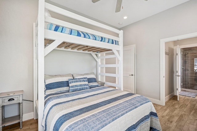 22212 Cantina Dr, Galveston, TX 77554 - bedroom with light wood-style floors, ceiling fan, and recessed lighting