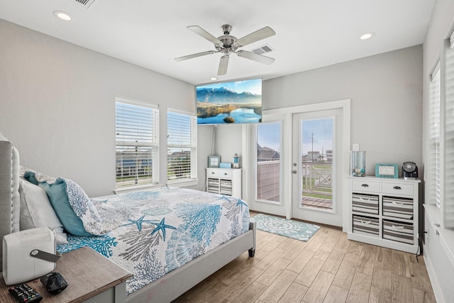 22212 Cantina Dr, Galveston, TX 77554 - bedroom with access to outside, wood finished floors, ceiling fan, and recessed lighting