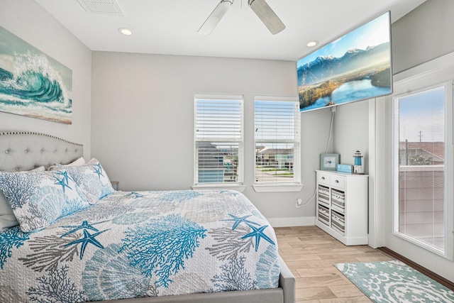 22212 Cantina Dr, Galveston, TX 77554 - bedroom with light wood-style flooring, recessed lighting, and ceiling fan