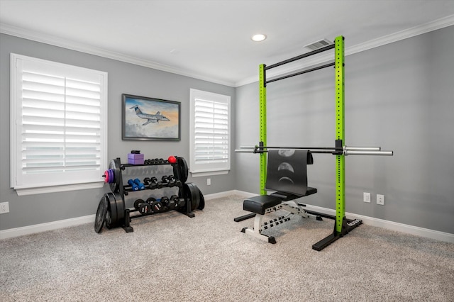 211 Valmar St, Kemah, TX 77565 - exercise area featuring crown molding, baseboards, carpet floors, and recessed lighting