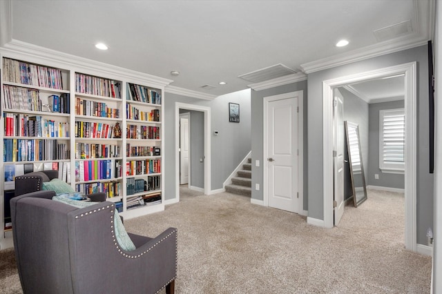 211 Valmar St, Kemah, TX 77565 - living area with attic access, carpet flooring, baseboards, crown molding, and recessed lighting