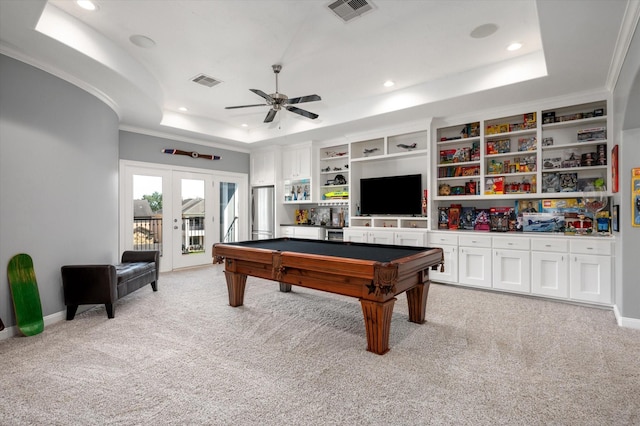 211 Valmar St, Kemah, TX 77565 - playroom with a raised ceiling, light carpet, crown molding, a ceiling fan, and pool table
