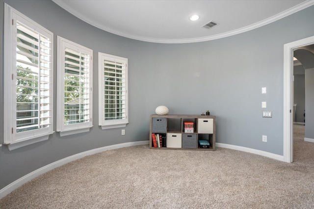 211 Valmar St, Kemah, TX 77565 - unfurnished office featuring crown molding, carpet, baseboards, and recessed lighting