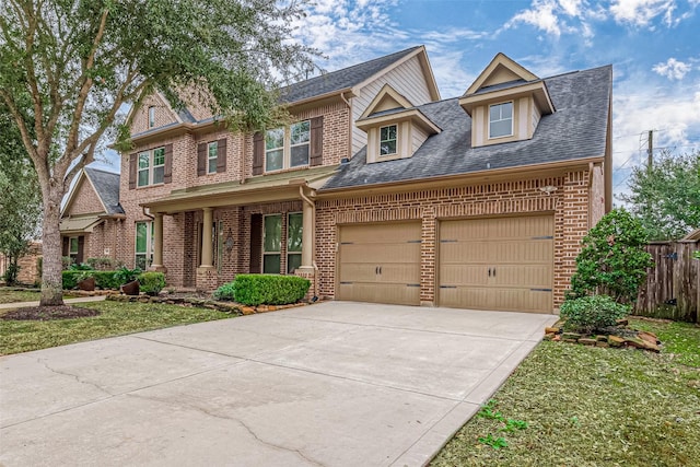 4407 Marbrook Meadow Ln, Katy, TX 77494 - craftsman inspired home featuring brick siding, driveway, a garage, a shingled roof, and a porch