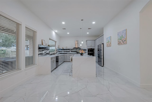 4407 Marbrook Meadow Ln, Katy, TX 77494 - kitchen with gray cabinets, wall chimney exhaust hood, light marble finish flooring, light countertops, and dishwasher