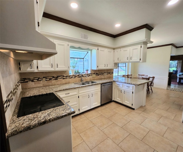 15903 Ridge Park Dr, Houston, TX 77095 - kitchen with stainless steel dishwasher, a sink, custom range hood, black electric stovetop, and a peninsula