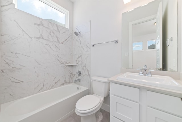 11023 White Caterpillar Dr, Cypress, TX 77433 - bathroom featuring toilet, vanity, healthy amount of natural light, and tub / shower combination