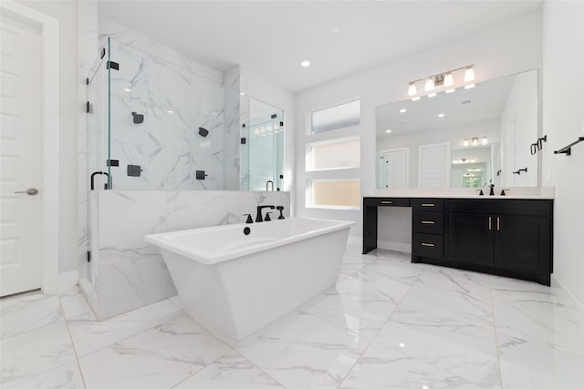 11023 White Caterpillar Dr, Cypress, TX 77433 - full bath with a marble finish shower, a freestanding bath, marble tiled flooring, vanity, and recessed lighting