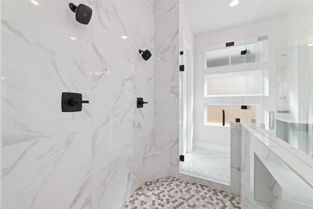 11023 White Caterpillar Dr, Cypress, TX 77433 - bathroom with a marble finish shower and recessed lighting
