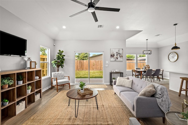 14307 Laredo St, Houston, TX 77015 - living room featuring ceiling fan, wood finished floors, and recessed lighting
