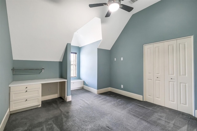 4002 Old Chocolate Bayou Rd Unit Cr89, Manvel, TX 77578 - unfurnished bedroom with dark carpet, lofted ceiling, baseboards, ceiling fan, and a closet