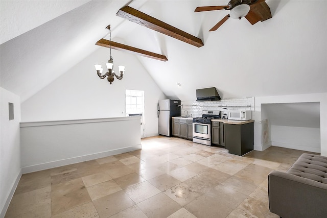 4002 Old Chocolate Bayou Rd Unit Cr89, Manvel, TX 77578 - kitchen with stainless steel appliances, wall chimney exhaust hood, ceiling fan, tasteful backsplash, and open floor plan