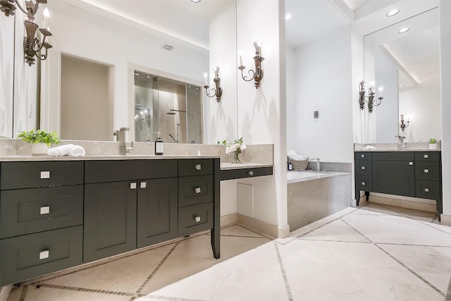 4002 Old Chocolate Bayou Rd Unit Cr89, Manvel, TX 77578 - bathroom with a bath, two vanities, a shower stall, and recessed lighting