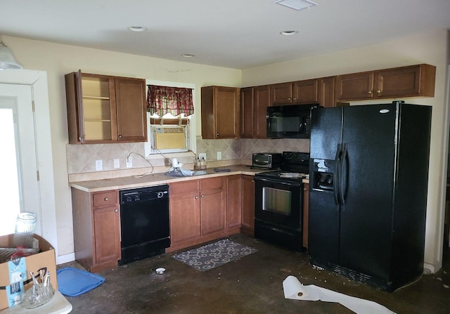 25321 Bluff View Ct, Magnolia, TX 77355 - kitchen featuring black appliances, light countertops, tasteful backsplash, concrete floors, and open shelves