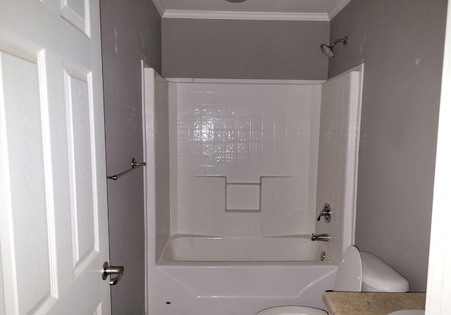 25321 Bluff View Ct, Magnolia, TX 77355 - bathroom featuring toilet, crown molding, bathtub / shower combination, and vanity