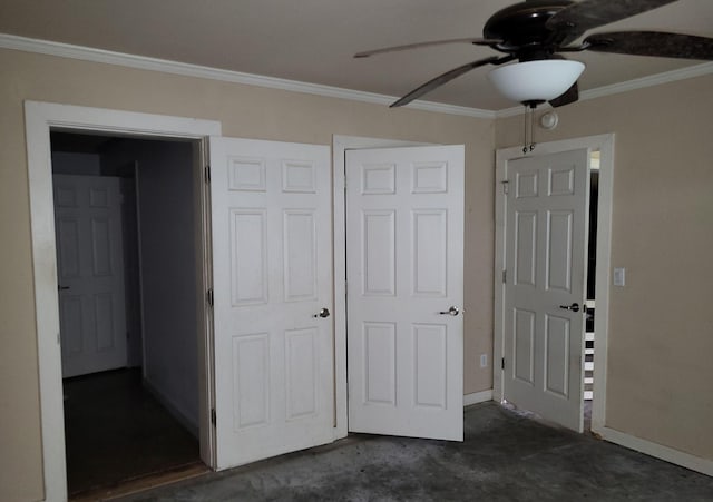 25321 Bluff View Ct, Magnolia, TX 77355 - unfurnished bedroom with crown molding, baseboards, concrete flooring, and a ceiling fan