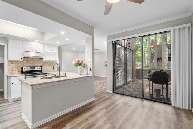 161 Litchfield Ln, Houston, TX 77024 - kitchen featuring stainless steel stove, under cabinet range hood, light wood-style flooring, crown molding, and a ceiling fan
