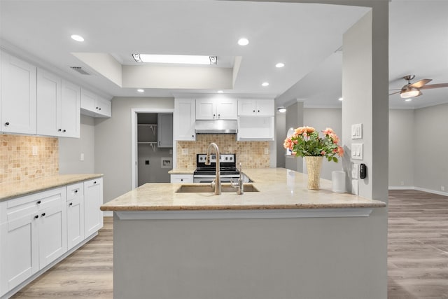 161 Litchfield Ln, Houston, TX 77024 - kitchen with under cabinet range hood, light wood-style floors, tasteful backsplash, light stone countertops, and recessed lighting